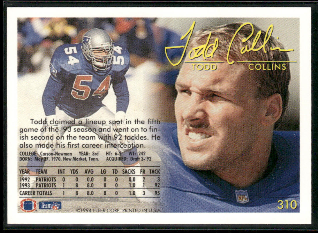 Todd Collins 1994 Fleer #310 New England Patriots