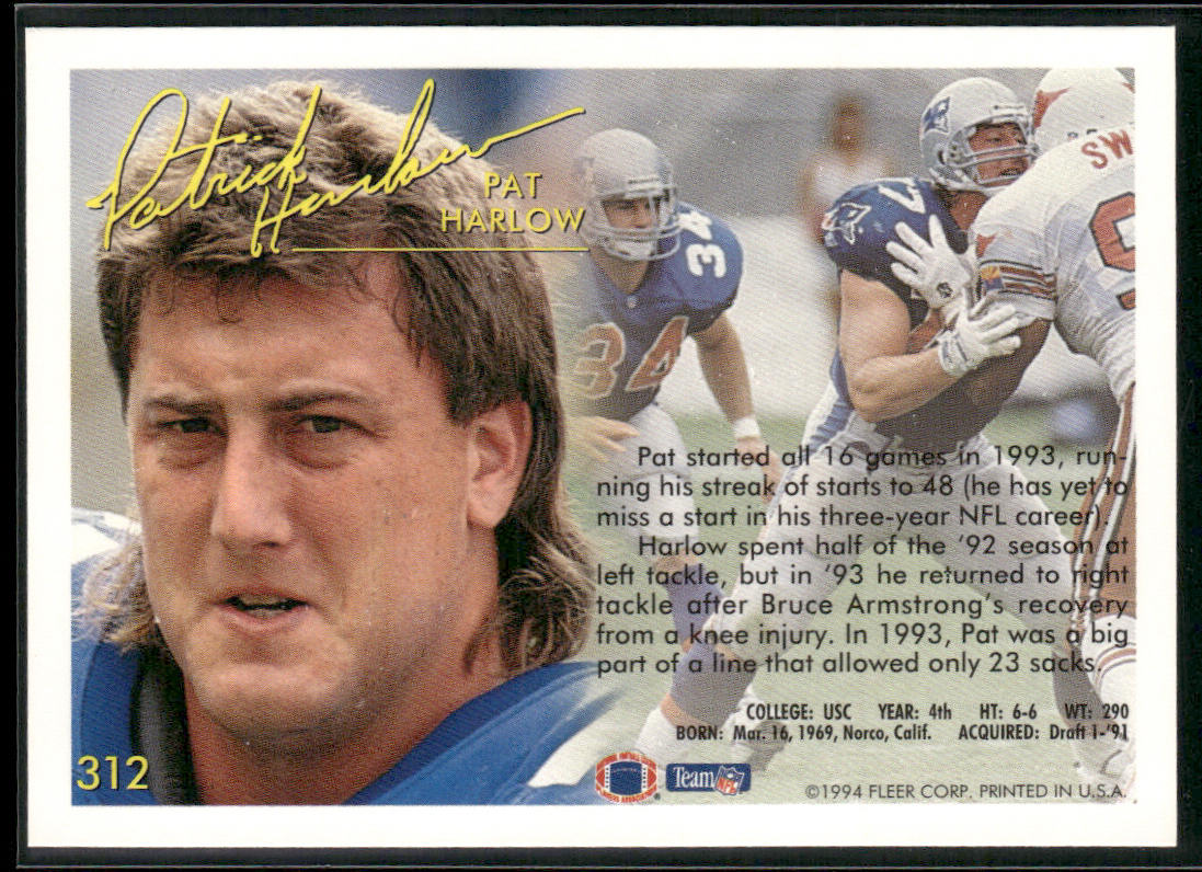 Pat Harlow 1994 Fleer #312 New England Patriots