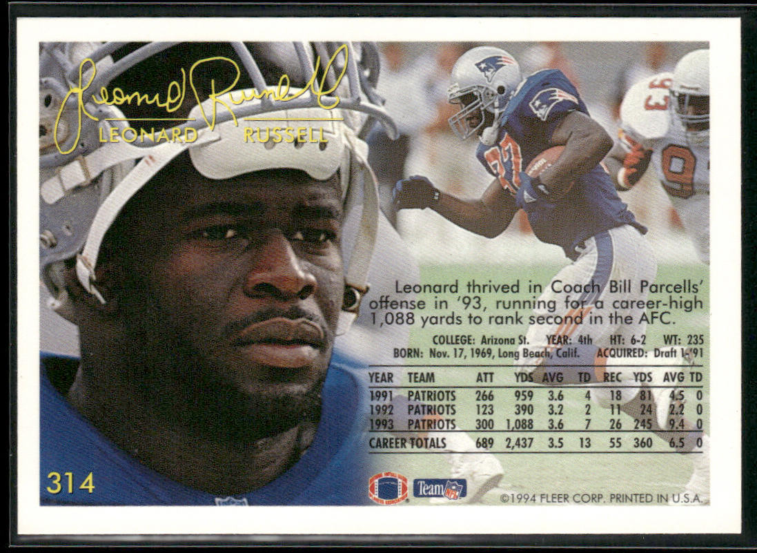 Leonard Russell 1994 Fleer #314 New England Patriots