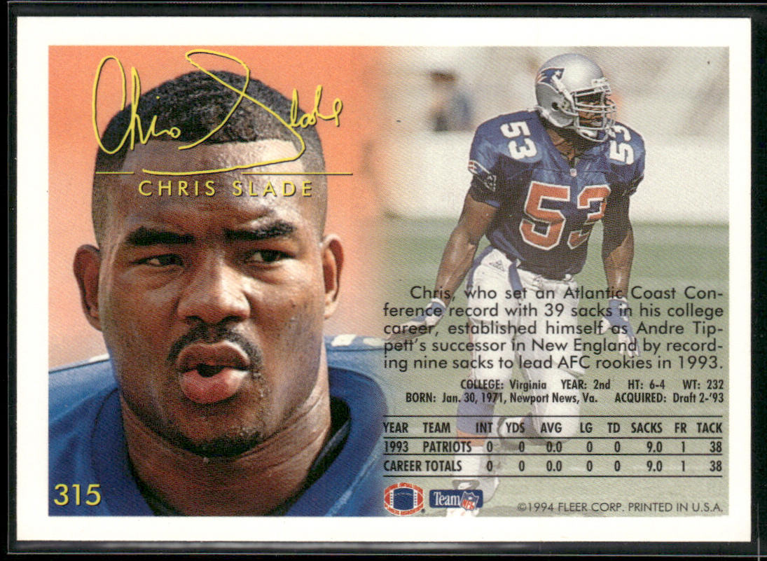 Chris Slade 1994 Fleer #315 New England Patriots