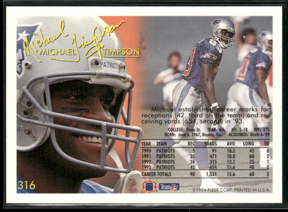 Michael Timpson 1994 Fleer #316 New England Patriots