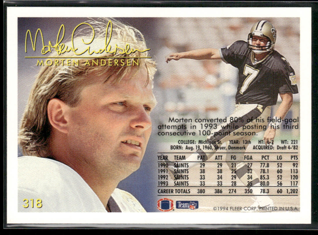 Morten Andersen 1994 Fleer #318 New Orleans Saints