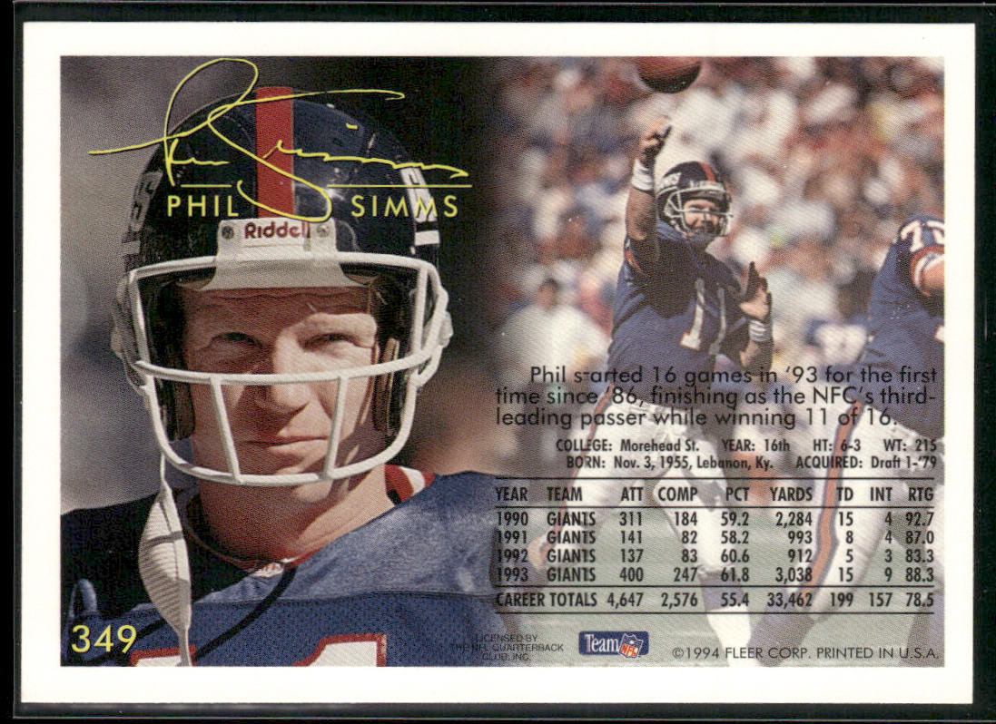 Phil Simms 1994 Fleer #349 New York Giants