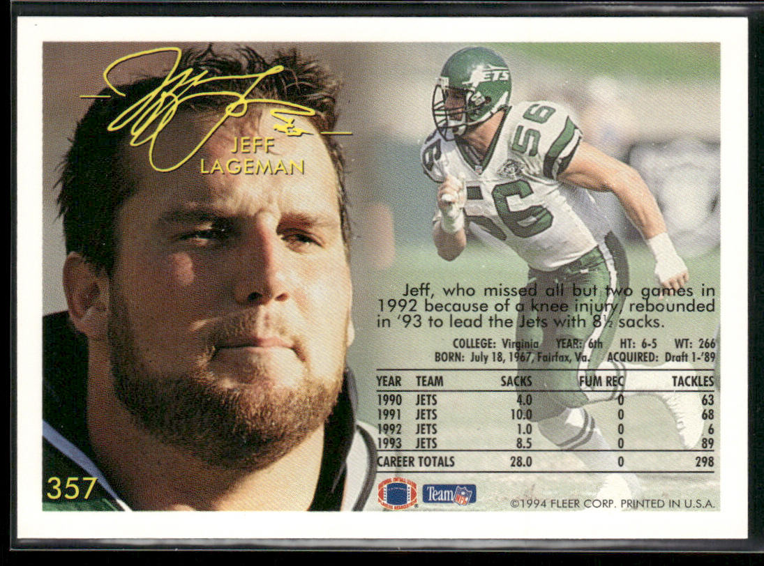 Jeff Lageman 1994 Fleer #357 New York Jets