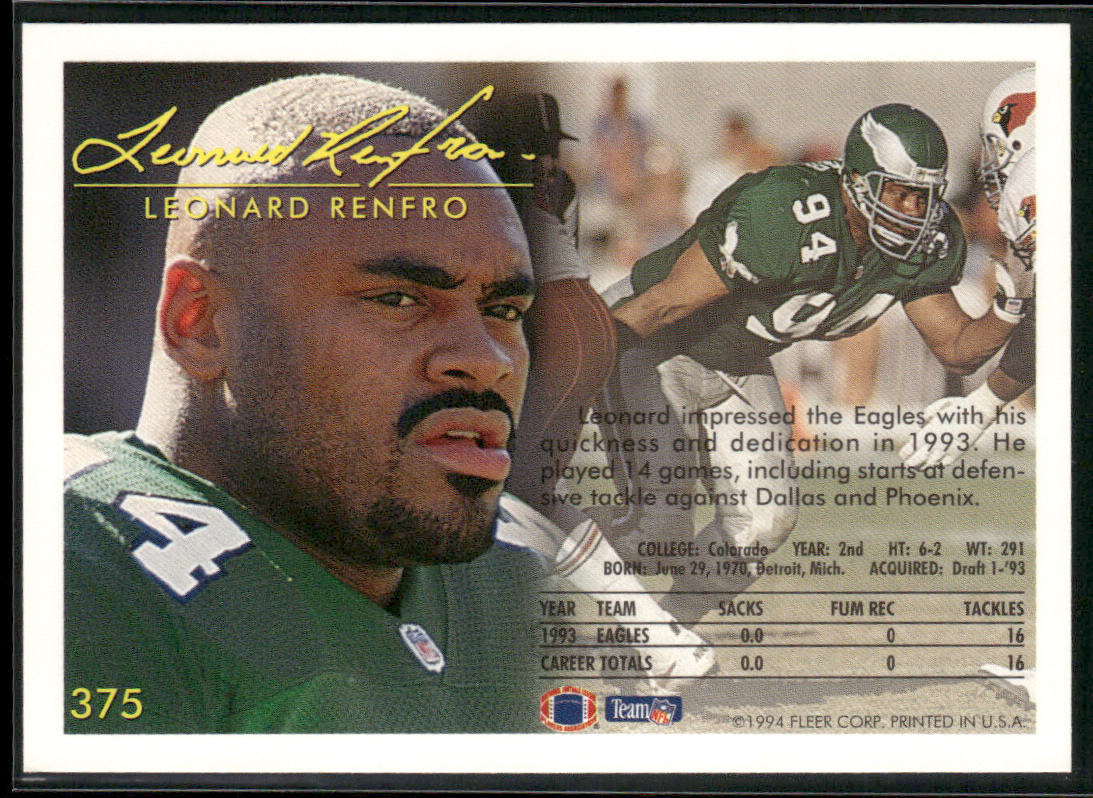 Leonard Renfro 1994 Fleer #375 Philadelphia Eagles