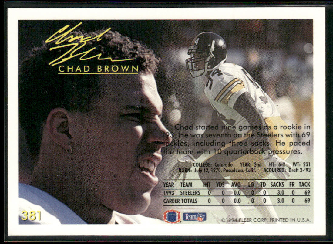 Chad Brown 1994 Fleer #381 Pittsburgh Steelers