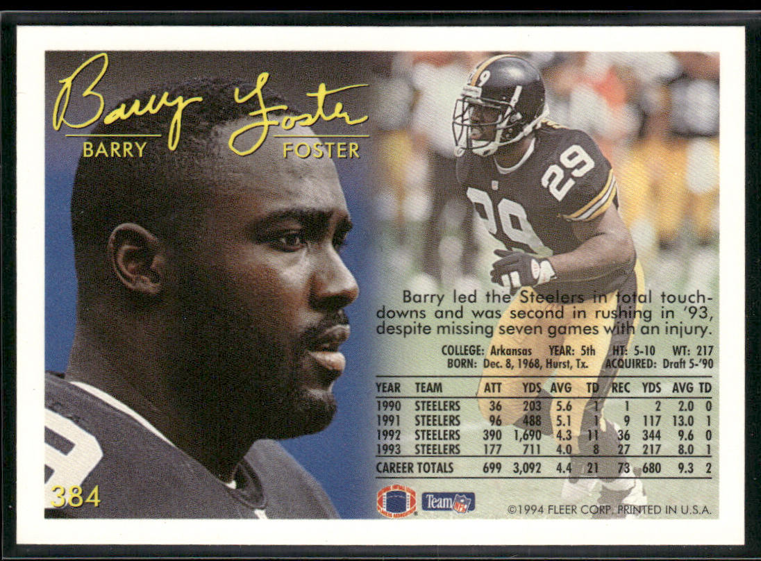 Barry Foster 1994 Fleer #384 Pittsburgh Steelers
