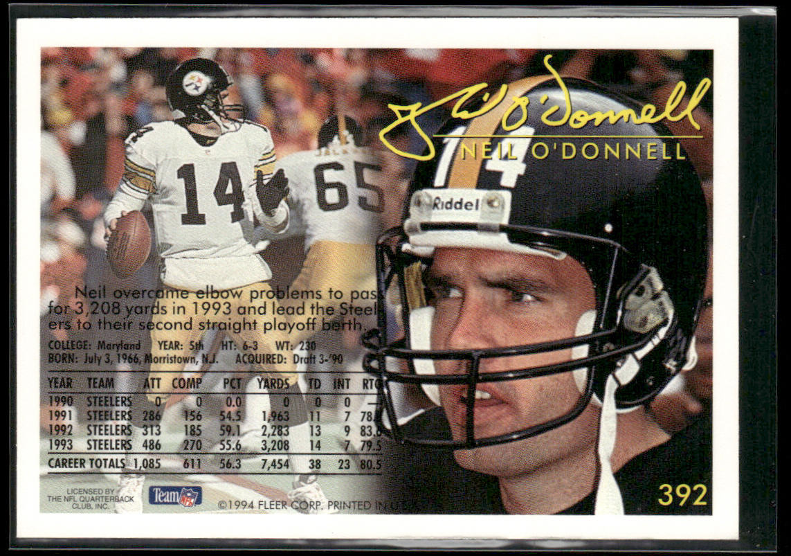 Neil O'Donnell 1994 Fleer #392 Pittsburgh Steelers