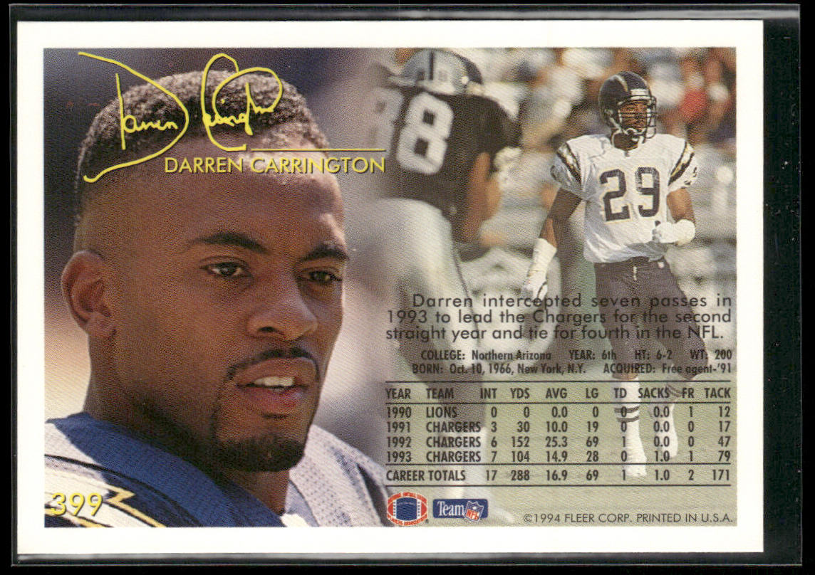 Darren Carrington 1994 Fleer #399 San Diego Chargers