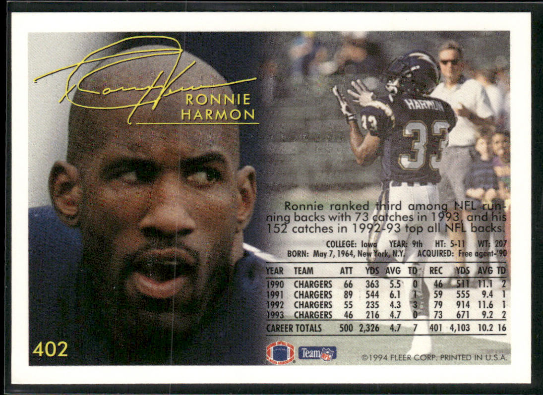 Ronnie Harmon 1994 Fleer #402 San Diego Chargers