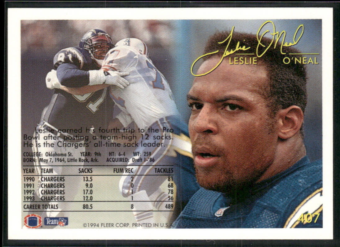 Leslie O'Neal 1994 Fleer #407 San Diego Chargers