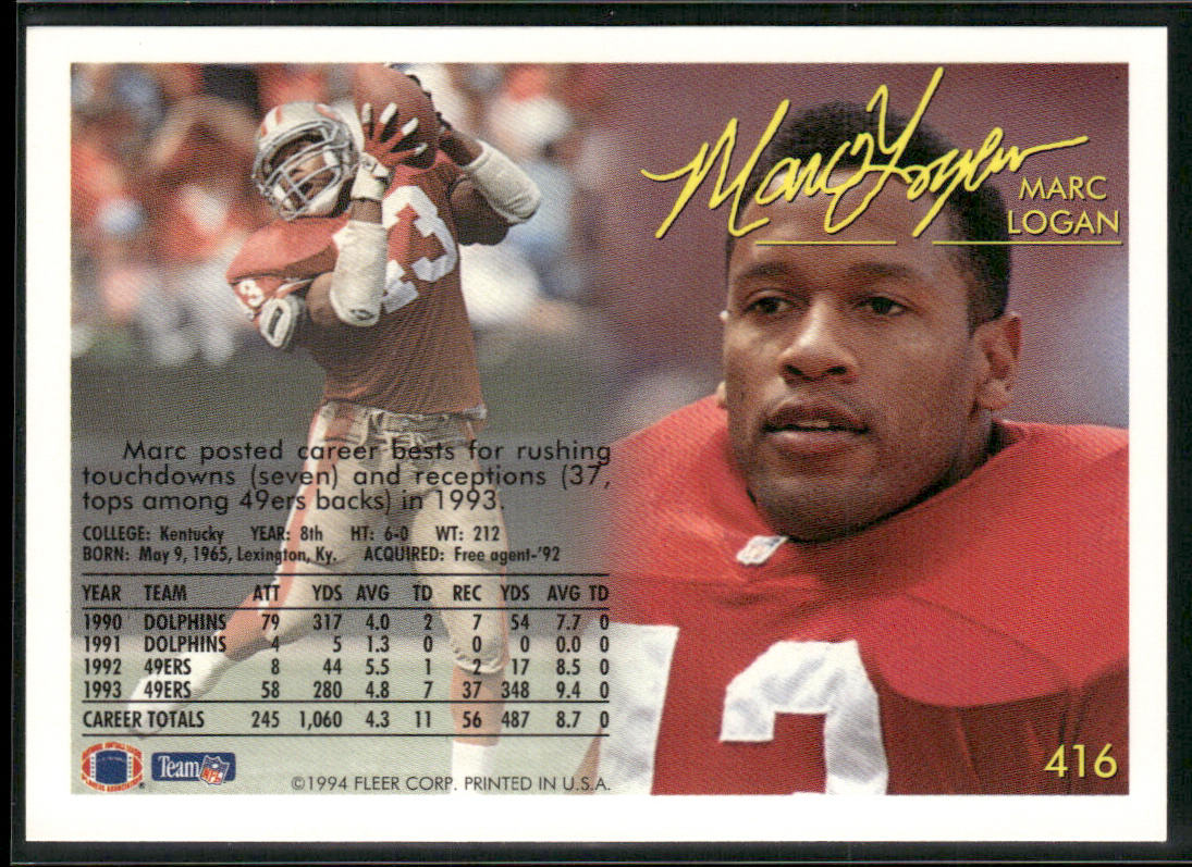 Marc Logan 1994 Fleer #416 San Francisco 49ers