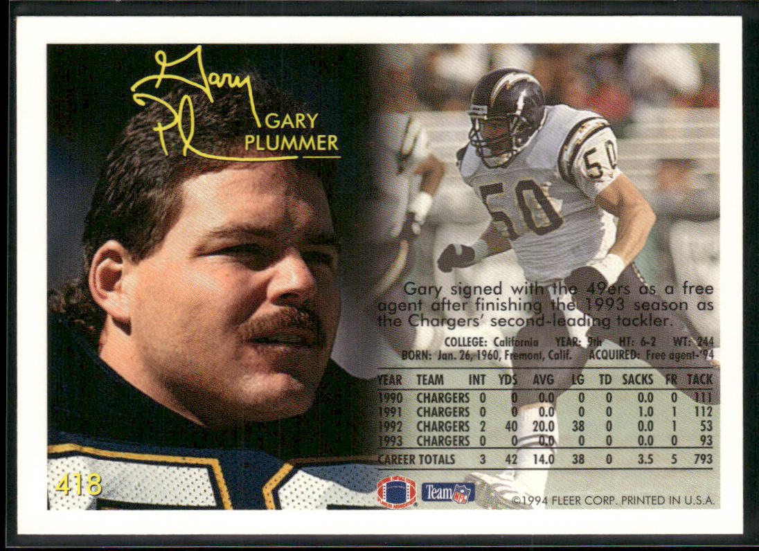 Gary Plummer 1994 Fleer #418 San Francisco 49ers