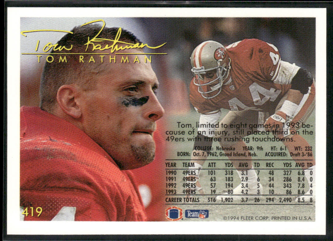 Tom Rathman 1994 Fleer #419 San Francisco 49ers