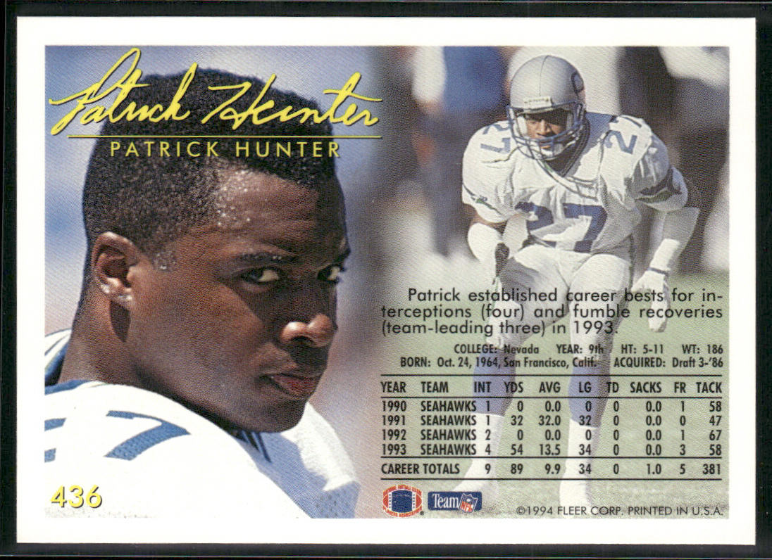 Patrick Hunter 1994 Fleer #436 Seattle Seahawks