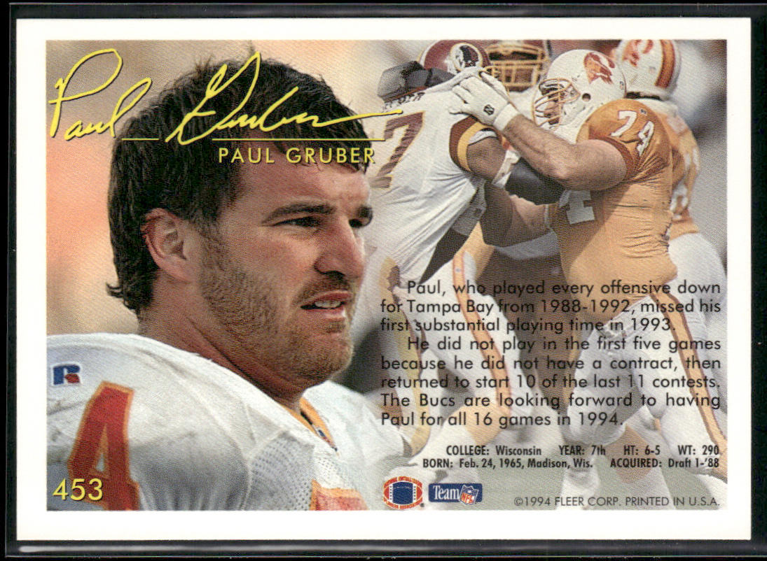 Paul Gruber 1994 Fleer #453 Tampa Bay Buccaneers
