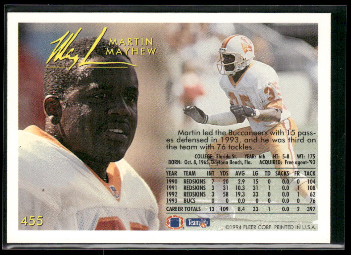 Martin Mayhew 1994 Fleer #455 Tampa Bay Buccaneers