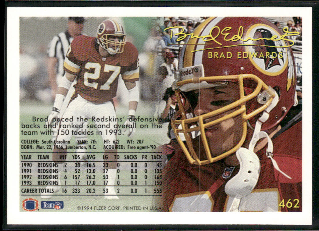 Brad Edwards 1994 Fleer #462 Washington Redskins
