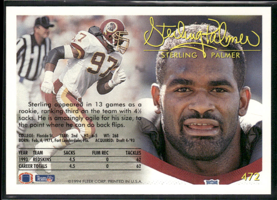 Sterling Palmer 1994 Fleer #472 RC Washington Redskins