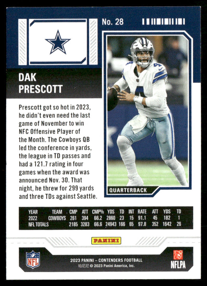 Dak Prescott 2023 Panini Contenders Season Ticket Retail #28 Dallas Cowboys