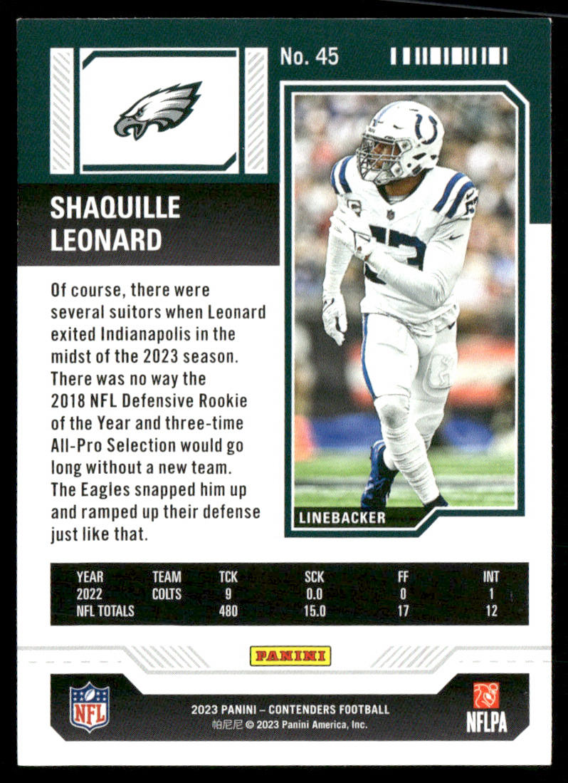 Shaquille Leonard 2023 Panini Contenders Season Ticket Retail #45 Eagles