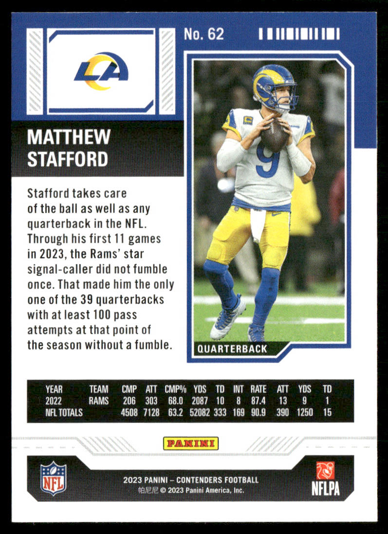Matthew Stafford 2023 Panini Contenders Season Ticket Retail #62 Rams