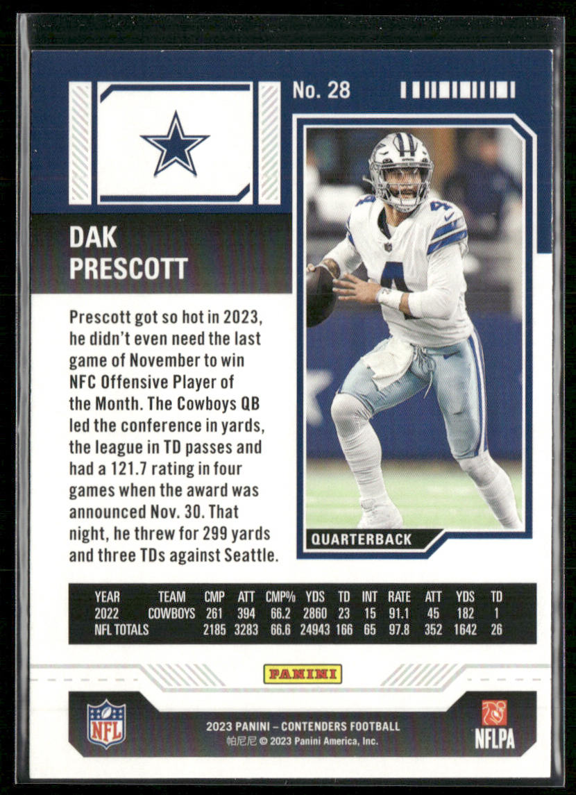 Dak Prescott 2023 Panini Contenders Game Ticket Red #28 Dallas Cowboys