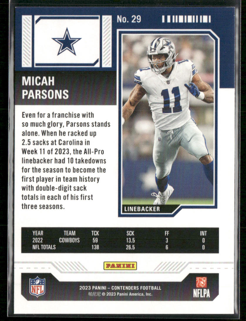 Micah Parsons 2023 Panini Contenders Game Ticket Red #29 Dallas Cowboys