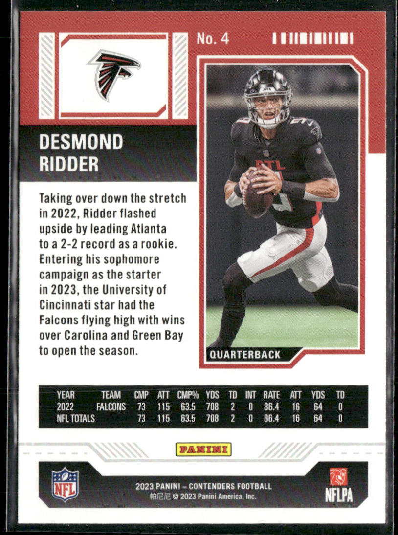 Desmond Ridder 2023 Panini Contenders Game Ticket Bronze #4 Atlanta Falcons