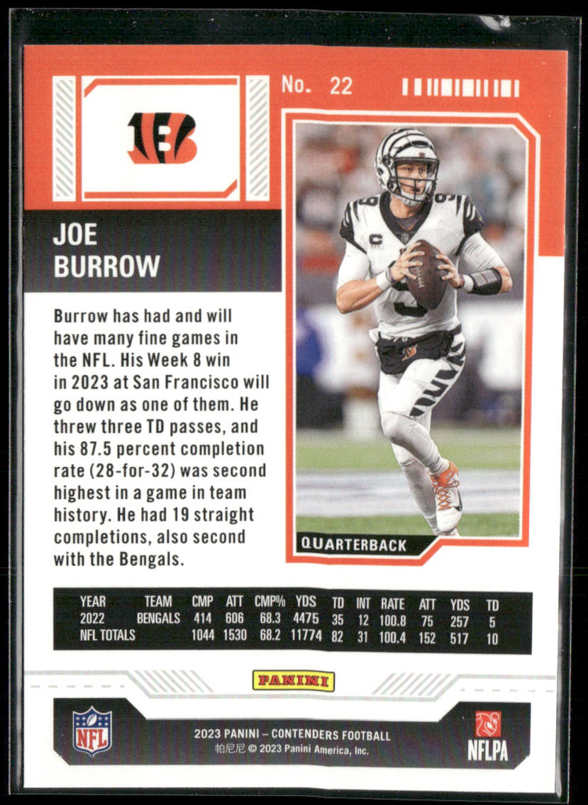 Joe Burrow 2023 Panini Contenders Game Ticket Bronze #22 Cincinnati Bengals