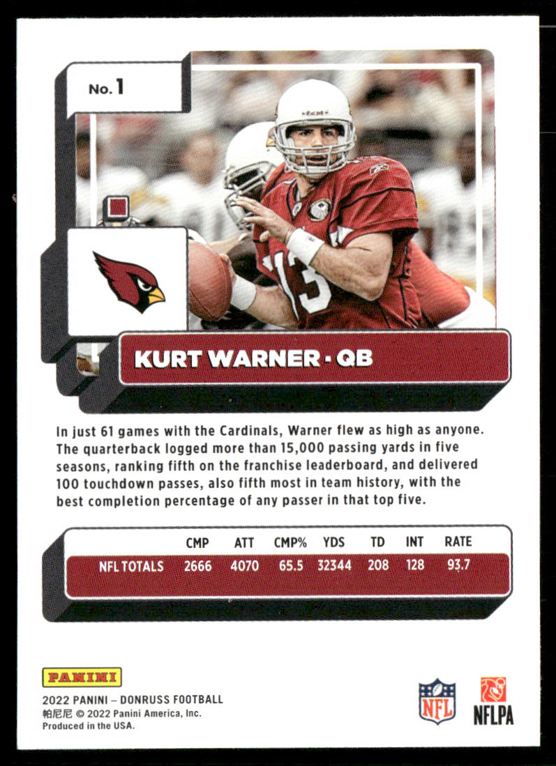 Kurt Warner 2022 Donruss #1 Arizona Cardinals