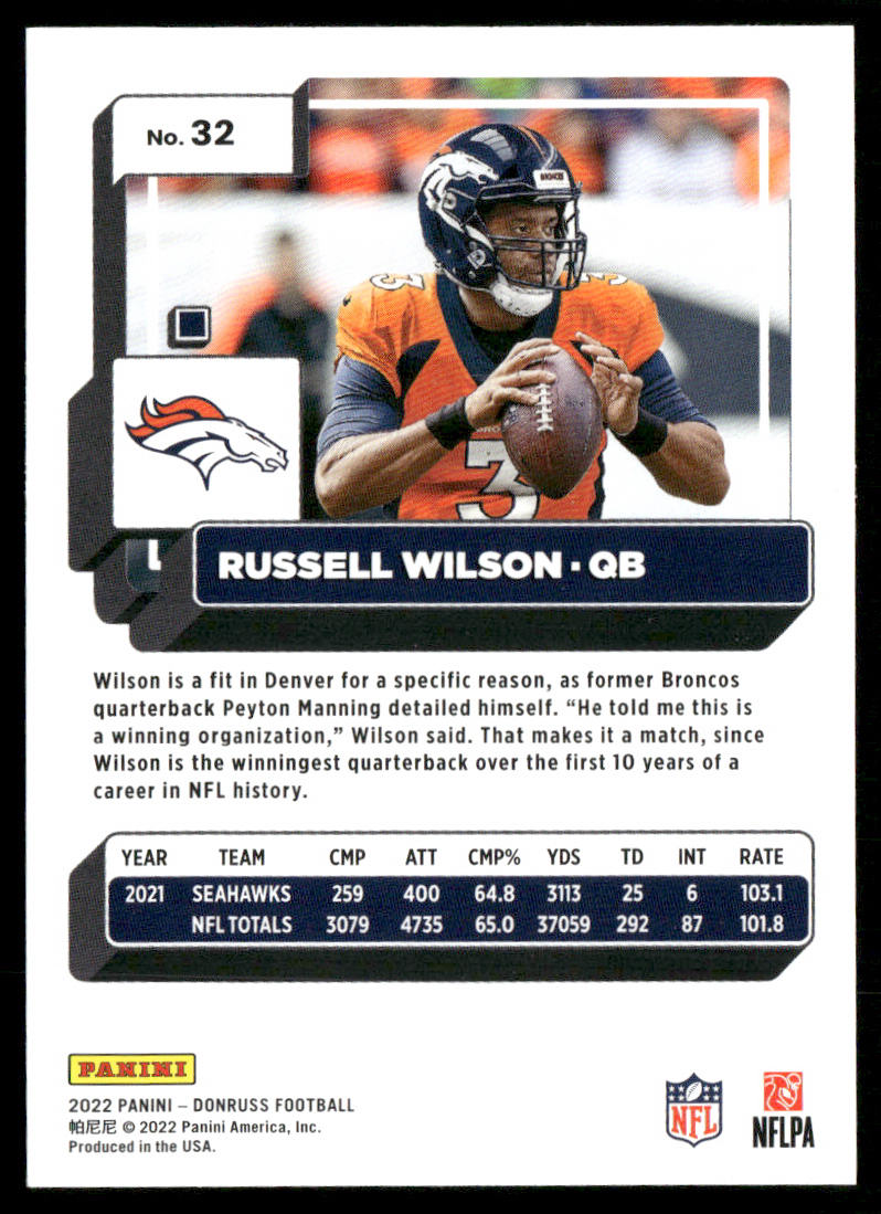 Russell Wilson 2022 Donruss #32 Denver Broncos