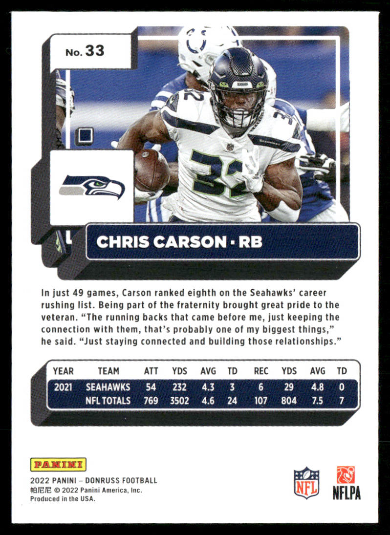Chris Carson 2022 Donruss #33 Seattle Seahawks