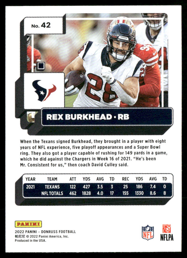 Rex Burkhead 2022 Donruss #42 Houston Texans