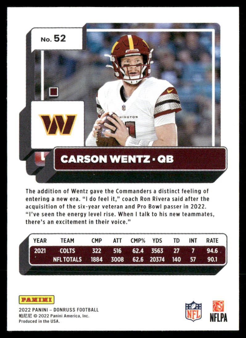 Carson Wentz 2022 Donruss #52 Washington Commanders