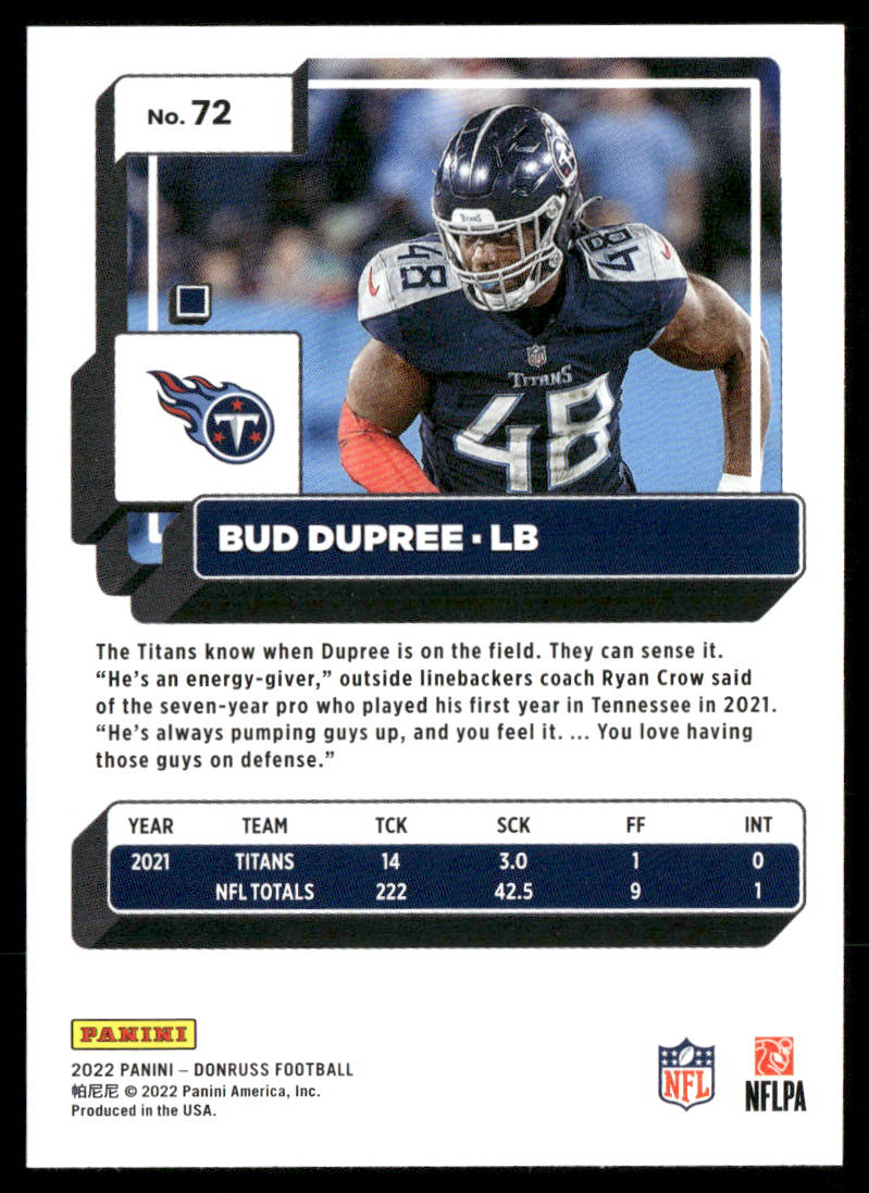 Bud Dupree 2022 Donruss #72 Tennessee Titans