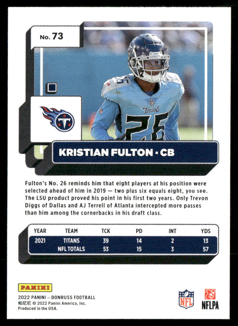 Kristian Fulton 2022 Donruss #73 Tennessee Titans