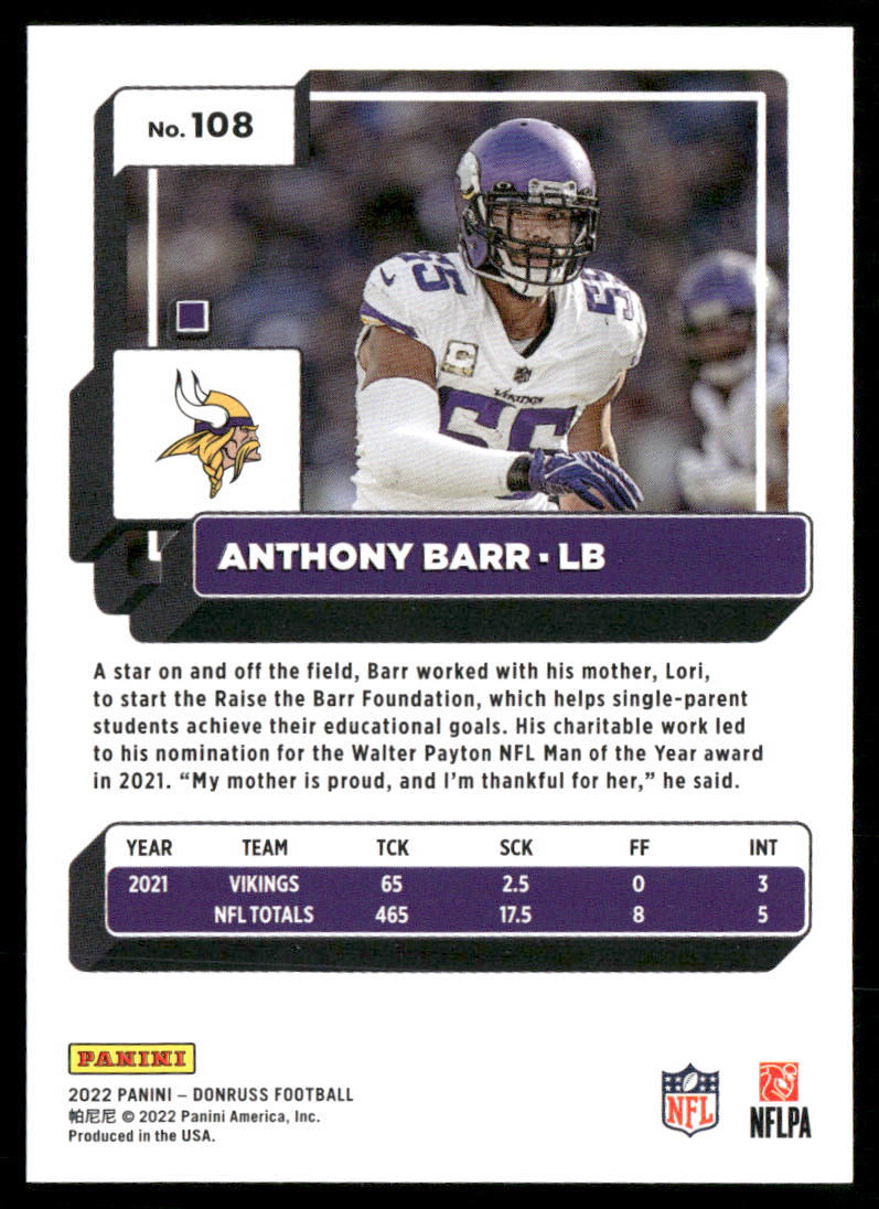 Anthony Barr 2022 Donruss #108 Minnesota Vikings