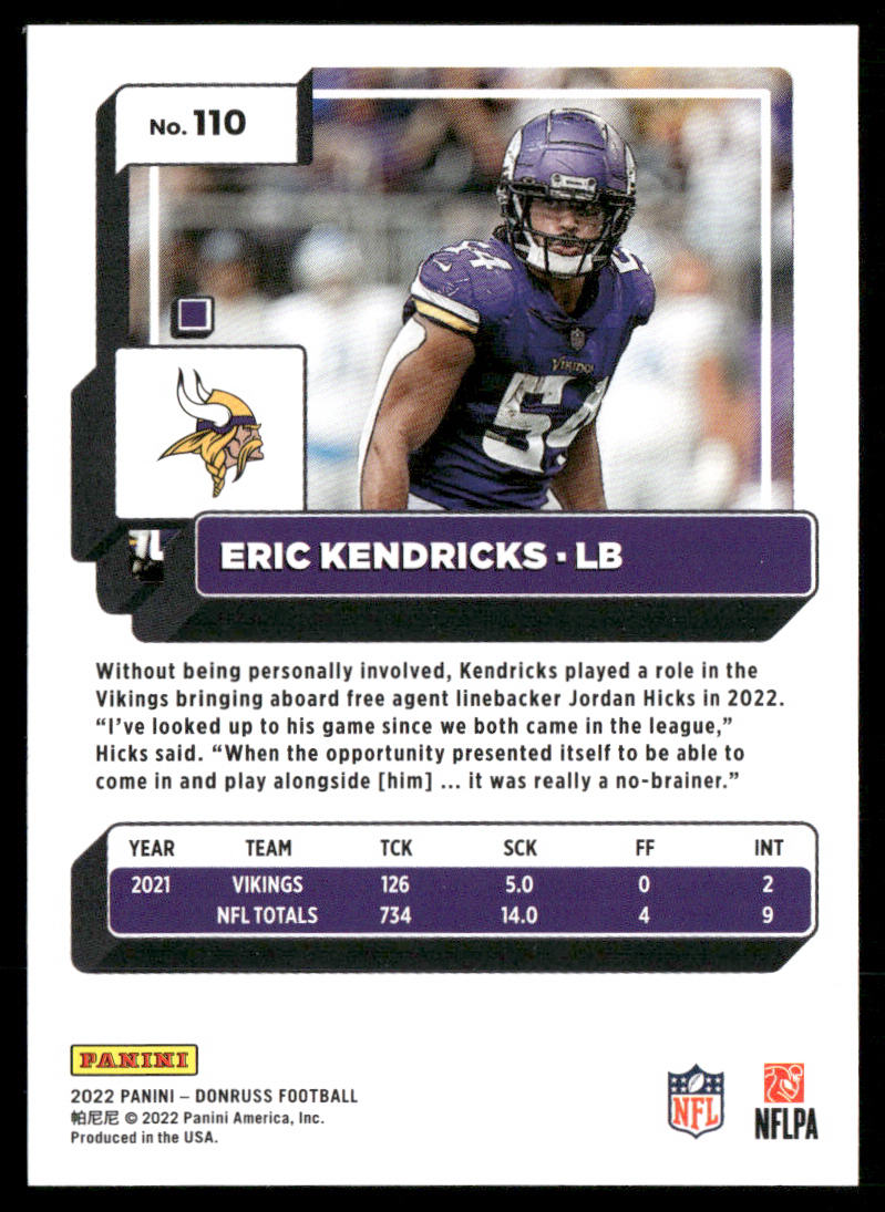 Eric Kendricks 2022 Donruss #110 Minnesota Vikings