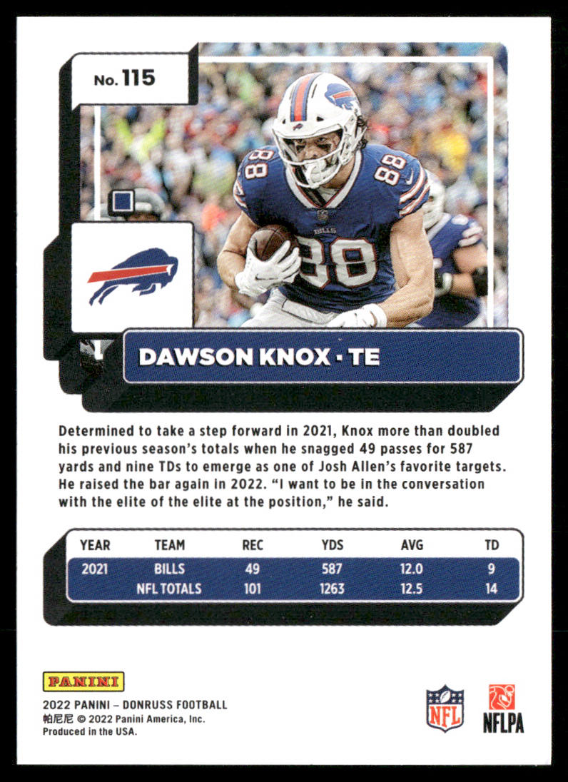 Dawson Knox 2022 Donruss #115 Buffalo Bills