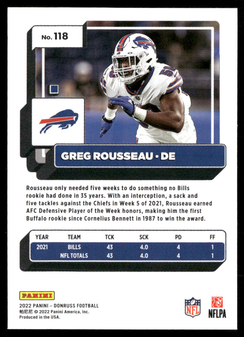 Greg Rousseau 2022 Donruss #118 Buffalo Bills