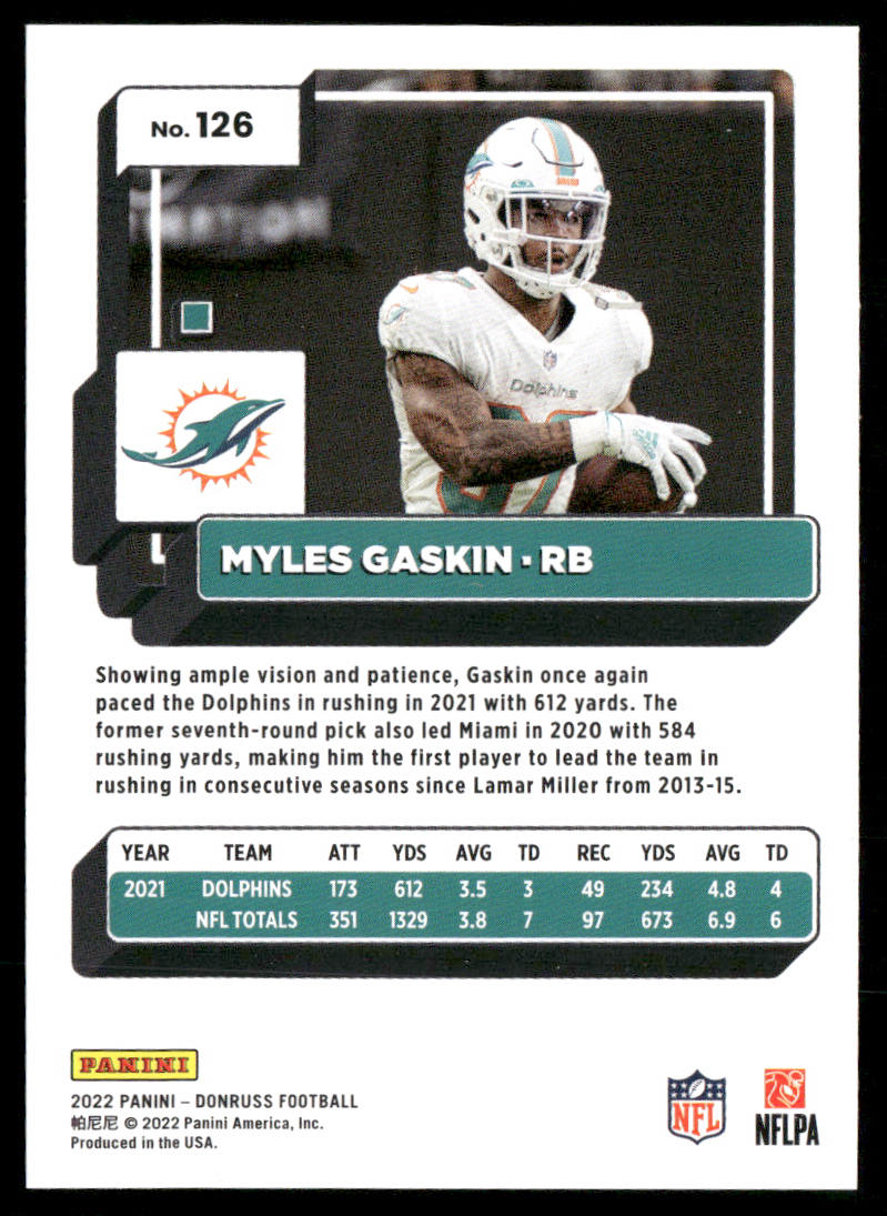 Myles Gaskin 2022 Donruss #126 Miami Dolphins