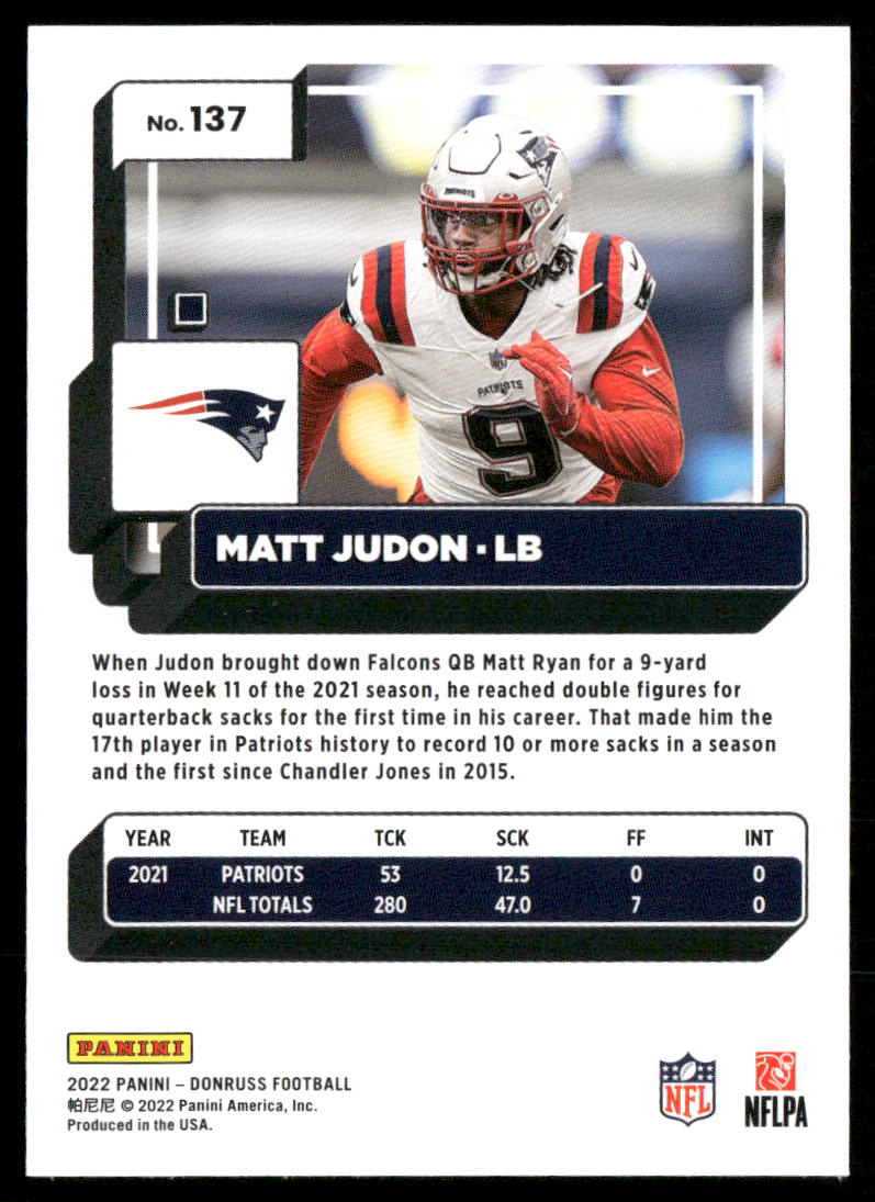 Matt Judon 2022 Donruss #137 New England Patriots