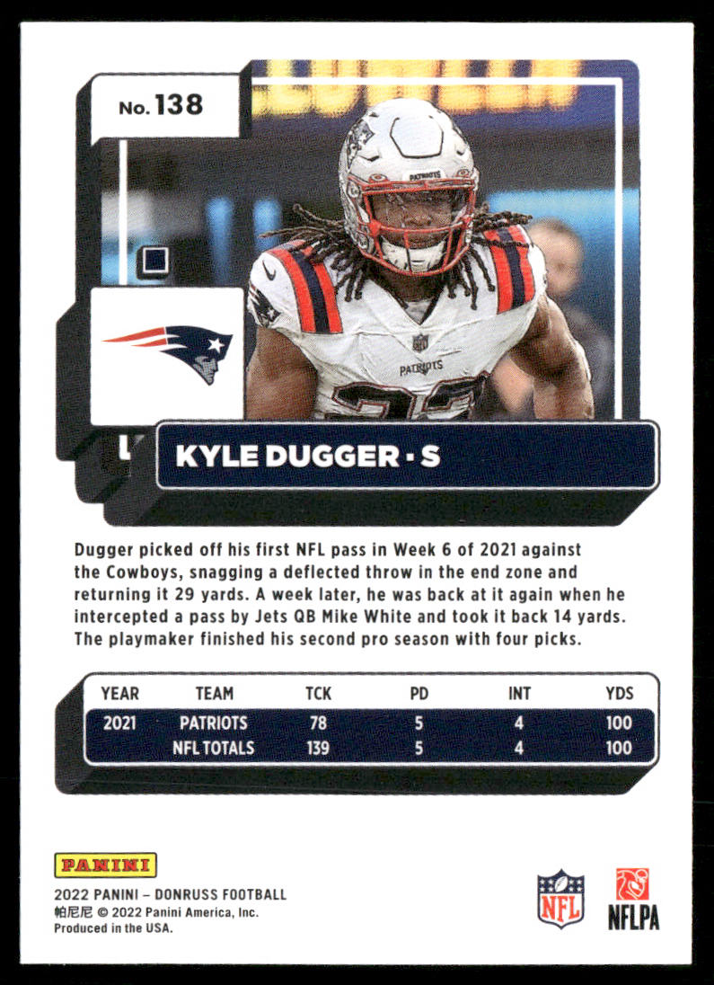 Kyle Dugger 2022 Donruss #138 New England Patriots