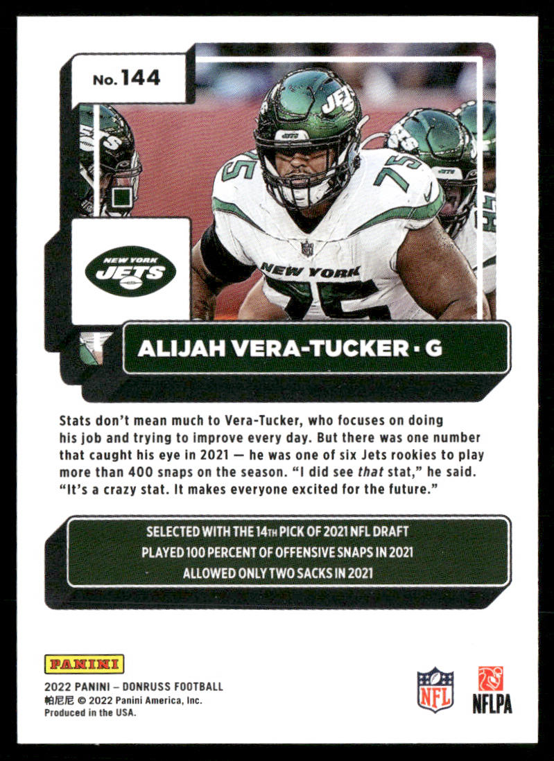 Alijah Vera-Tucker 2022 Donruss #144 New York Jets