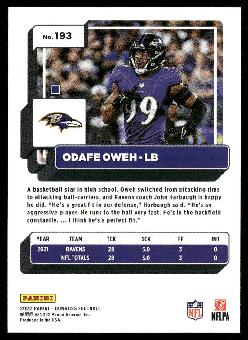 Odafe Oweh 2022 Donruss #193 Baltimore Ravens
