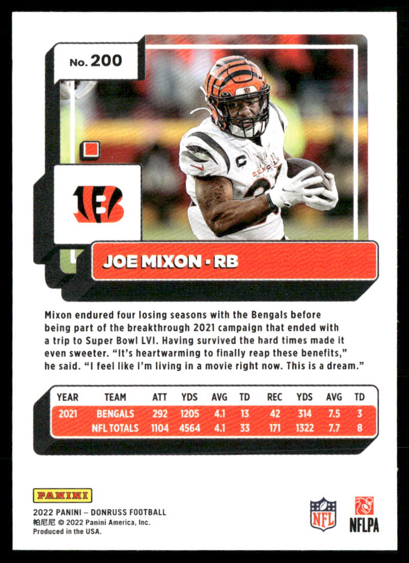 Joe Mixon 2022 Donruss #200 Cincinnati Bengals