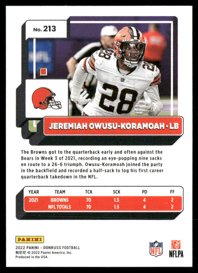 Jeremiah Owusu-Koramoah 2022 Donruss #213 Cleveland Browns