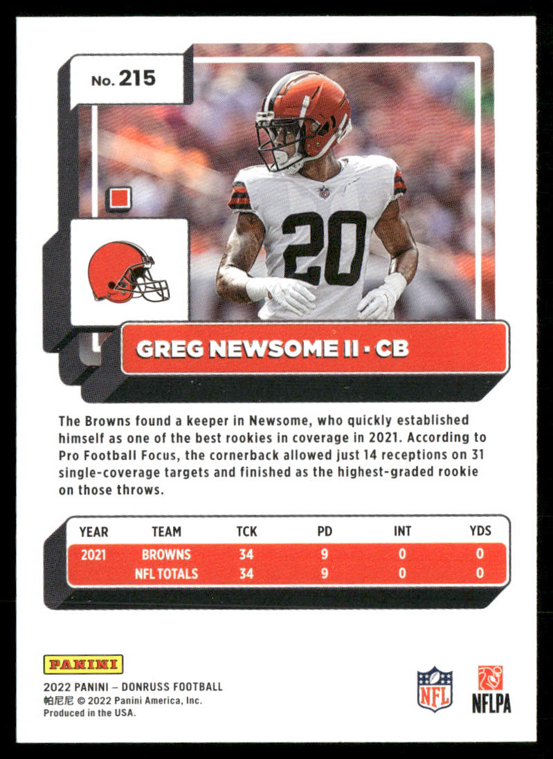 Greg Newsome II 2022 Donruss #215 Cleveland Browns