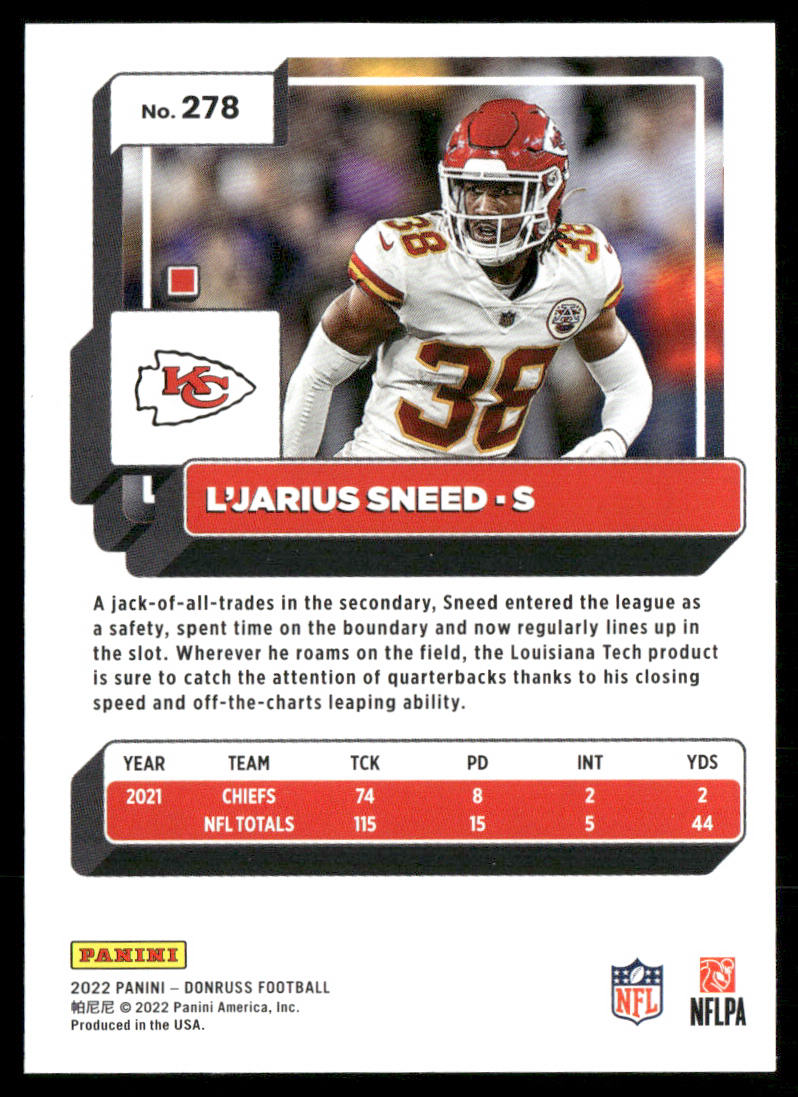 L'Jarius Sneed 2022 Donruss #278 Kansas City Chiefs